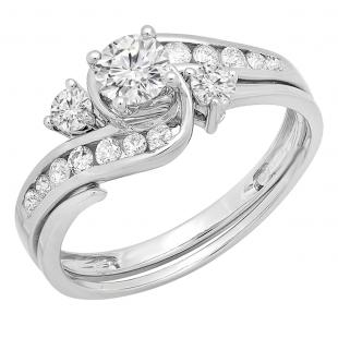 1.00 Carat (ctw) 10K White Gold Round Lab Grown White Diamond Ladies Swirl Engagement Ring Set 1 CT