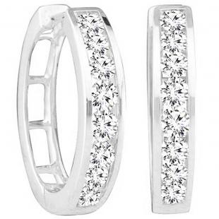 0.30 Carat (Ctw) 18K White Gold Round Lab Grown White Diamond Ladies Huggies Hoop Earrings 1/3 CT