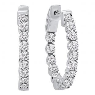 1.30 Carat (ctw) 10K White Gold Round Lab Grown White Diamond Ladies Hoop Earrings