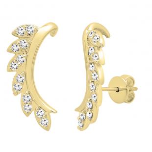 0.35 Carat (cttw) Round White Diamond Ladies Leaf Shaped Climber Earrings 1/3 CT 14K Yellow Gold