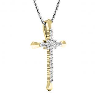 0.35 Carat (cttw) Round Diamond Ladies Cross Pendant 1/3 CT (Silver Chain Included) 18K Yellow Gold