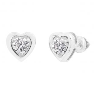 0.80 Carat (cttw) Round Lab Grown White Diamond Ladies Solitaire Heart Shaped Stud Earrings 10K White Gold