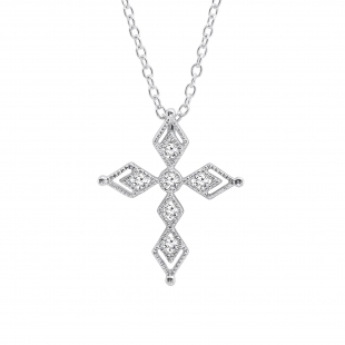 0.15 Carat (ctw) Round Lab Grown White Diamond Ladies Vintage Style Cross Pendant Sterling Silver