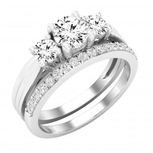 1.15 Carat (ctw) Round Lab Grown White Diamond Ladies 3 Stone Engagement Ring Set 14K White Gold