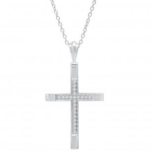 0.18 Carat (ctw) Round Lab Grown White Diamond Ladies Cross Religious Pendant Sterling Silver