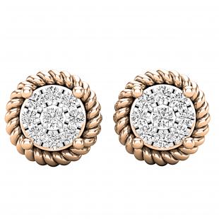 0.10 Carat (ctw) Round Lab Grown Diamond Ladies Rope Frame Stud Earrings 1/10 CT 18K Rose Gold