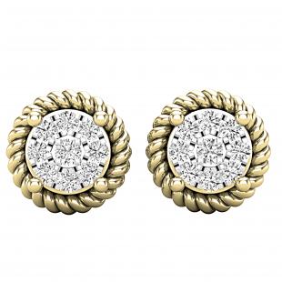 0.10 Carat (ctw) Round Lab Grown Diamond Ladies Rope Frame Stud Earrings 1/10 CT 18K Yellow Gold