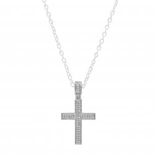 Round Lab Grown White Diamond Men's Hip Hop Cross Pendant With 18 Inch Silver Chain (0.18 ctw Color H-I Clarity SI2) in 925 Sterling Silver