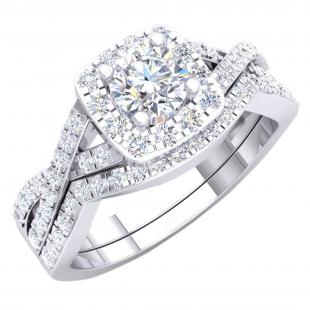 5mm Center Round Lab Grown White Diamond Halo Cushion Shaped Criss Cross Wedding Ring Set for Women (1.00 ctw, Color H-I, Clarity SI2) in 925 Sterling Silver