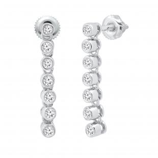 Round Lab Grown White Diamond Ladies Screw Back Long Bezel Set Dangling Earrings (0.26 ctw Color H-I Clarity Slightly Included) | 10K White Gold