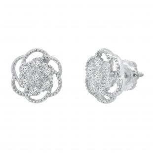 0.11 Carat (ctw) Round Lab Grown White Diamond Ladies Screw Back Stud Earrings | 925 Sterling Silver