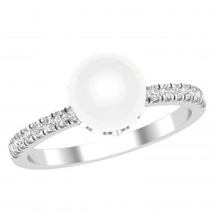 8 mm Round White Freshwater Pearl & Lab Grown Diamond Women Dainty Engagement Ring | 14K White Gold