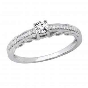 0.30 Carat (ctw) Round Lab Grown White Diamond with Accent Wedding Ring for Her | 10K White Gold