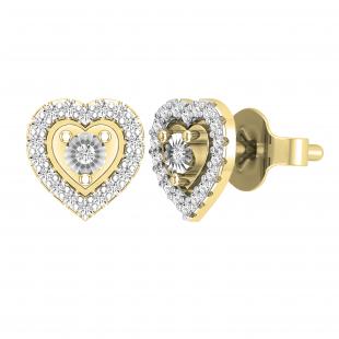 Round Lab Grown White Diamond Heart Frame Push Back Stud Earrings For Her (0.13 ctw Color H-I Clarity SI2) | 10K Yellow Gold