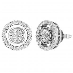 Round Lab Grown White Diamond Circle Shape Frame Cluster Ladies Push Back Stud Earrings (0.76 ctw Color H-I Clarity SI2) | 14K White Gold