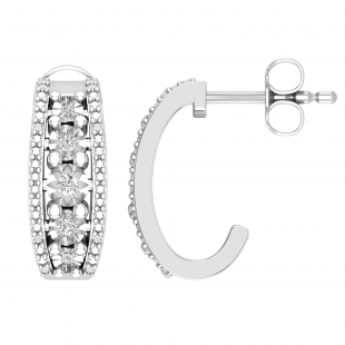 Round Lab Grown White Diamond Center Row and Beaded Outer Ribbons Modish J Shape Pushback Hoop Earrings for Her (0.10 ctw, Color H-I, Clarity SI2) | 925 Sterling Silver