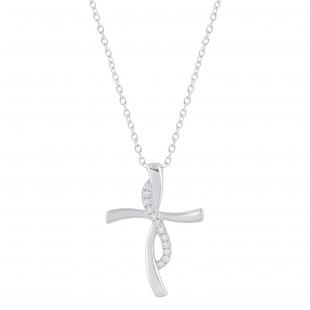 Round Lab Grown White Diamond Swirl Style Twist Cross Pendant for Women 18 Inch Gold Chain (0.12 ctw Color H-I Clarity SI2) in 10K White Gold