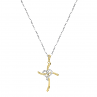 Round Lab Grown White Diamond Heart Swirl Cross Pendant with 18 Inch Silver Chain for Women (0.11 ctw, Color H-I, Clarity SI2) in 18K Yellow Gold