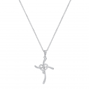 Round Lab Grown White Diamond Heart Swirl Cross Pendant with 18 Inch Silver Chain for Women (0.11 ctw, Color H-I, Clarity SI2) in 925 Sterling Silver