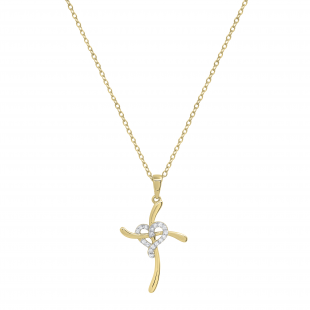 Round Lab Grown White Diamond Heart Swirl Cross Pendant with 18 Inch Gold Chain for Women (0.11 ctw, Color H-I, Clarity SI2) in 14K Yellow Gold