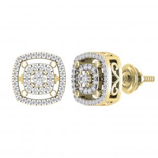 Round Lab Grown White Diamond Double Cushion Shape Flower Screwback Stud Earrings for Women (0.28 ctw Color I-J Clarity I2-I3) in 10K Yellow Gold