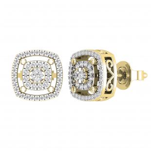 Round Lab Grown White Diamond Double Cushion Shape Flower Pushback Stud Earrings for Women (0.28 ctw Color I-J Clarity I1-I2) in 18K Yellow Gold