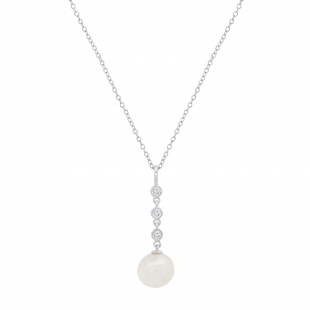 10mm Freshwater Pearl & 0.18 ctw Lab Grown White Diamond 3 Stone Drop Down Pendant with 18 Inch Gold Chain for Women in 10K White Gold