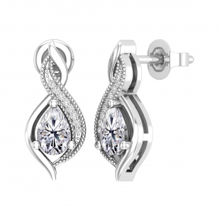 10K White Gold Swirl Stud Earrings, IGI Certified 1.04 CT Pear & Round Lab Grown Diamond in Push Back