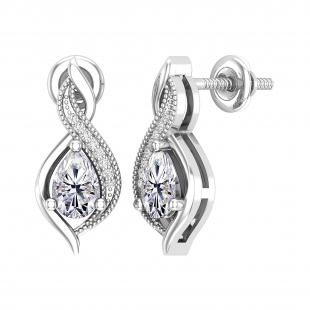 10K White Gold Swirl Stud Earrings, IGI Certified 1.04 CT Pear & Round Lab Grown Diamond in Screw Back