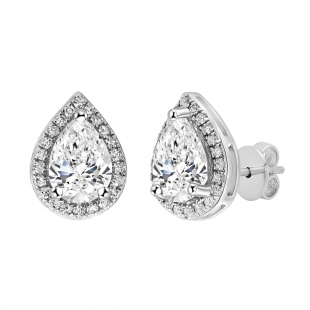 10K White Gold Halo Stud Earrings, IGI Certified 1.46 CT Pear and Round Lab Grown Diamond in Push Back