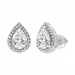 10K White Gold Halo Stud Earrings, IGI Certified 1.46 CT Pear and Round Lab Grown Diamond in Screw Back