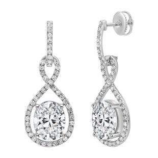 10K White Gold Halo Drop Dangle Earrings, IGI Certified 6.75 ctw Oval and Round Lab Grown Diamond in Screw Back