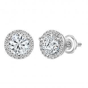 10K White Gold Halo Stud Earrings, IGI Certified 1.12 CT Round Lab Grown Diamond in Screw Back