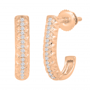 Round Lab Grown White Diamond in Between Metal Zigzag Line J Shape Screwback Hoop Earrings for Her (0.08 ctw, Color H-I, Clarity SI2) in 18K Rose Gold