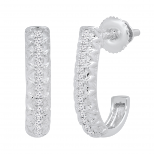 Round Lab Grown White Diamond in Between Metal Zigzag Line J Shape Screwback Hoop Earrings for Her (0.08 ctw, Color H-I, Clarity SI2) in 925 Sterling Silver