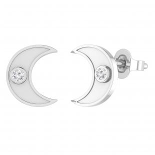 Round Lab Grown White Diamond Bezel Set Crescent Moon Stud Earrings for Women (0.13 ctw Color H-I Clarity SI2) in 10K White Gold in Push Back