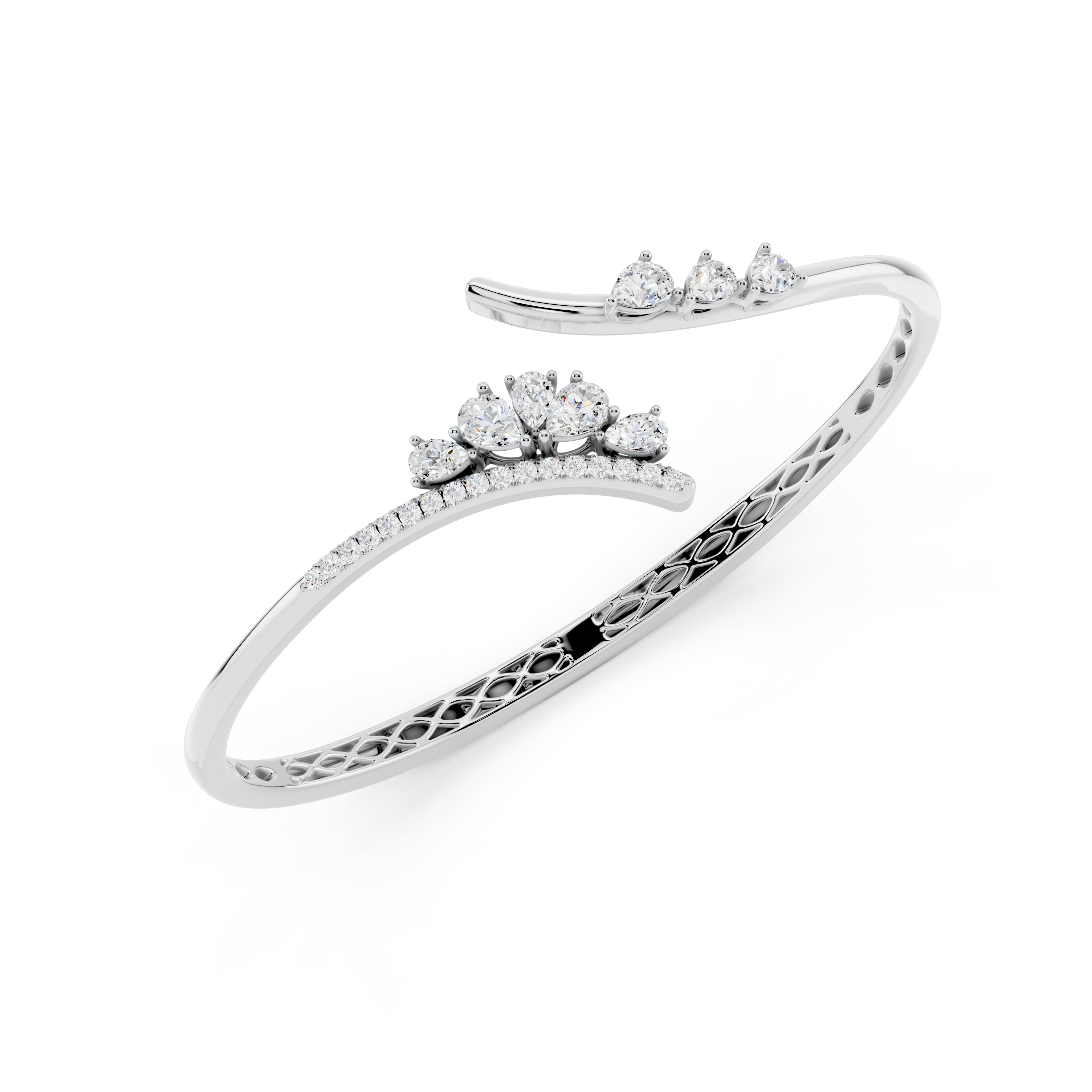 Pear (1.34 Ct) and Round (0.18 Ct) Lab Grown White Diamond Cluster Curve Bangle Bracelet for Women in 925 Sterling Silver