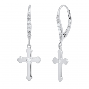 Round Lab Grown White Diamond Cross Drop Lever Back Men's & Women's (Unisex) Earrings (0.14 ct. Color H-I, Clarity SI2) in 925 Sterling Silver