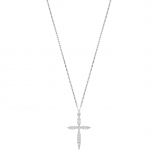 Round Lab Grown White Diamond Encrusted Cross Pendant Pointed Edges with 18 inch Silver Chain for Women (0.24 ctw, Color H-I, Clarity SI2) in 14K White Gold