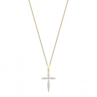 Round Lab Grown White Diamond Encrusted Cross Pendant Pointed Edges with 18 inch Gold Chain for Women (0.24 ctw, Color H-I, Clarity SI2) in 18K Yellow Gold