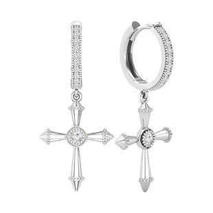 2.5mm Each Centre Round Lab Grown White Diamond Beaded Edge Dangle Cross Unisex Hinged Post Hoop Earrings (0.37 ctw, Color H-I, Clarity SI2) in 10K White Gold