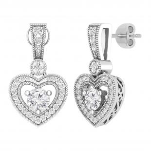 4.5mm Round Lab Grown White Diamond Filigree Groove Sides Heart Shape Milgrain Edged Drops & Dangles Earrings for Her (1.18 ctw H-I Color Clarity SI2) in 10K White Gold in Push Back