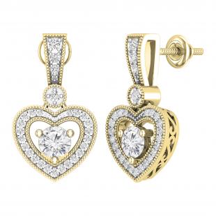 4.5mm Round Lab Grown White Diamond Filigree Groove Sides Heart Shape Milgrain Edged Drops & Dangles Earrings for Her (1.18 ctw H-I Color Clarity SI2) in 10K Yellow Gold in Screw Back