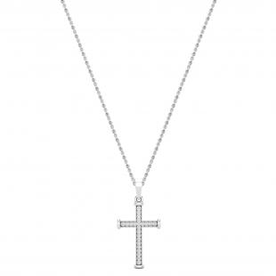 Round Lab Grown White Diamond Divine Cross Pendant with 18 inch Gold Chain (0.10 ctw, Color H-I, Clarity SI2) in 10K White Gold