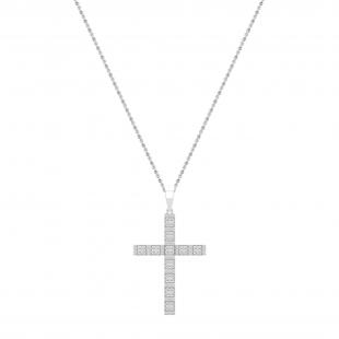Round Lab Grown White Diamond Square Miligrain Edge Unisex Cross Pendant with 18 inch Gold Chain (1.60 ctw, Color H-I, Clarity SI2) in 10K White Gold