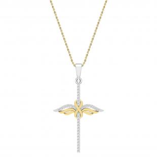 Round Lab Grown White Diamond Infinity Wings Cross Pendant with 18 inch Gold Chain for Women (0.14 ctw, Color H-I, Clarity SI2) in 18K Yellow Gold