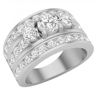 Round Lab Grown White Diamond 3 Stone with 2 Linear Row Engagement Ring for Women (2.71 ctw, Color H-I, Clarity SI2) in 925 Sterling Silver
