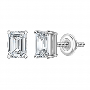 IGI Certified 1.50 Ctw Emerald Cut Lab Grown Diamond Solitaire 4 Prong Stud Earrings, 10K White Gold in Screw Back
