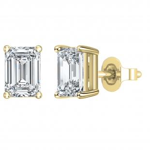IGI Certified 3.00 Ctw Emerald Cut Lab Grown Diamond Solitaire 4 Prong Stud Earrings, 14K Yellow Gold in Push Back