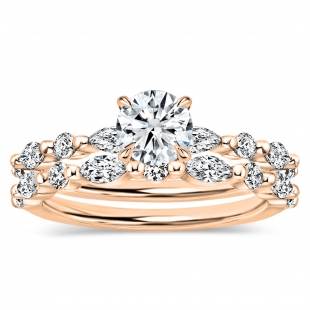 10K Rose Gold Metal Beaded Ring Set, 0.50 ctw Round & Marquise Lab Grown Diamond